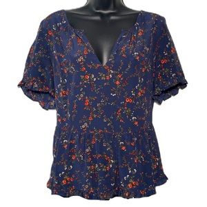 Madewell Silk Floral Navy Keyhole or V-neck Top Short Sleeve